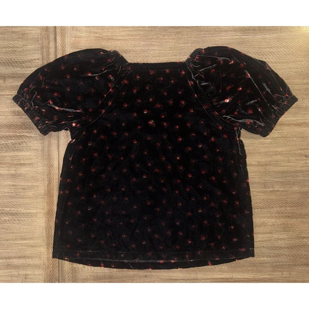 NWT Loft Ann Taylor Black Floral Velvet Puff Sleeve Top Sweetheart Neck Size MP